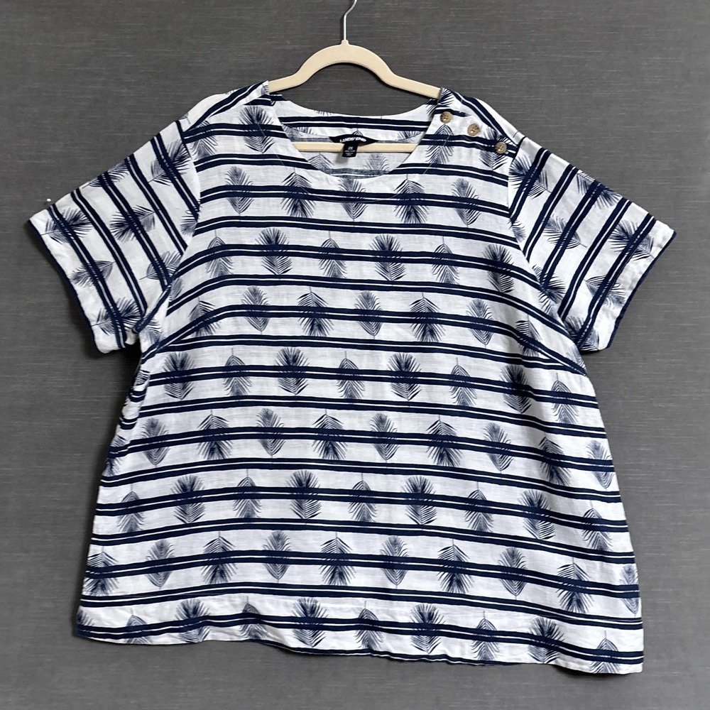 Lands End Top 2X 20W 22W Navy White Palm Stripe Linen Button Front Coastal Beach